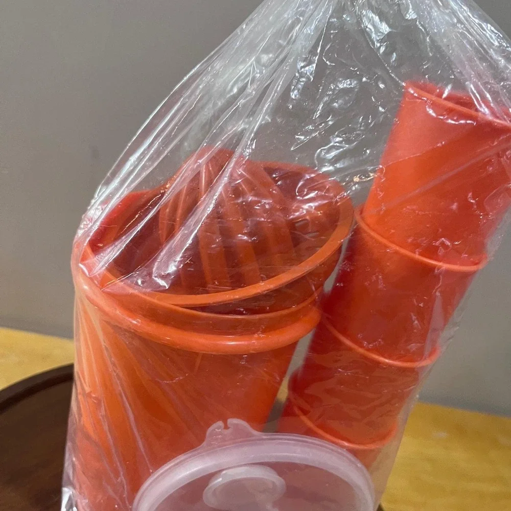 Vtg Tupperware Orange Juice Pitcher Juicer 4 Tumbler Set NOS Retro MCM 7pc Kit